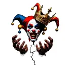 An evil jester holds a broken crown in his hands reaching tattoo design idea