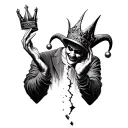 An evil jester holds a broken crown in his hands reaching tattoo design idea