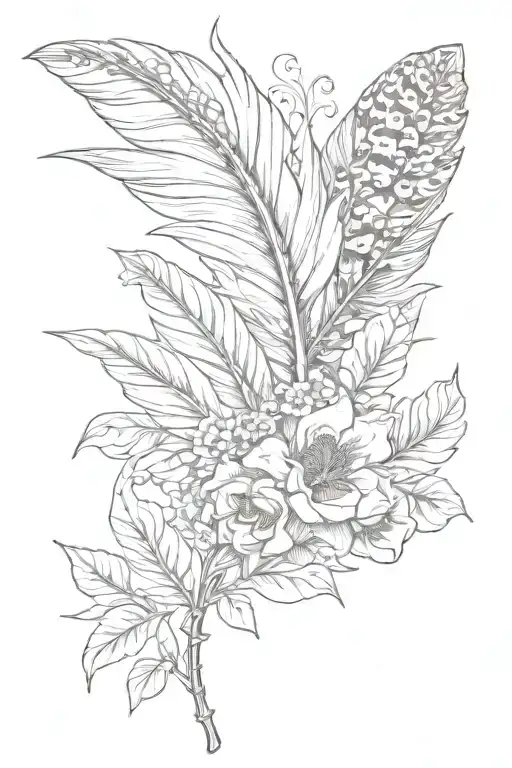 pheasant feather and florals wrapping words tattoo design idea