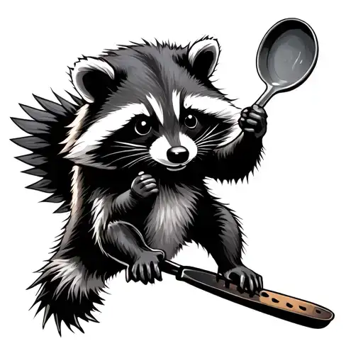 tactical raccoon holding frying pan flying tattoo design idea