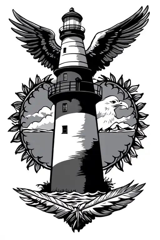 lighthouse, eagle, feather, police badge tattoo design idea