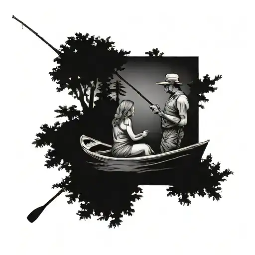 man and wife fishing on a boat with trees in the background  tattoo design idea