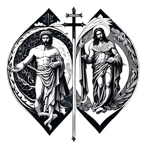 Holy symbols of Nyx, Poseidon, Hephaestus, Thanatos, and Thoth in perfect balance of each other tattoo design idea