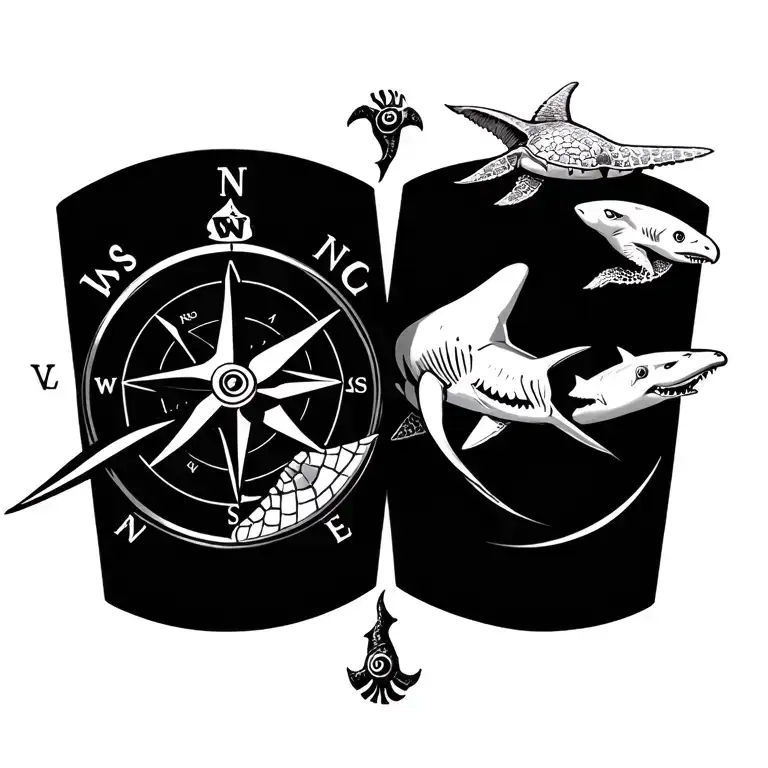 compass with eagle ray turtle and shark tattoo design idea