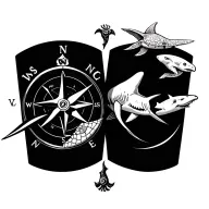 compass with eagle ray turtle and shark tattoo design idea