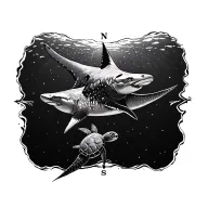 compass with eagle ray turtle and shark tattoo design idea