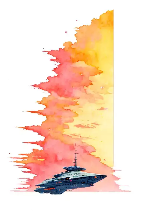 tall narrow rectangular space scene with a homeworld style ship sideways in the foreground that extends beyond the edge. tattoo design idea