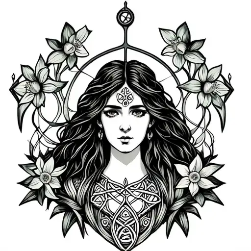 Celtic Goddess, Rhiannon. surrounded by gates and daffodils tattoo design idea