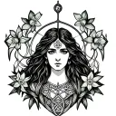 Celtic Goddess, Rhiannon. surrounded by gates and daffodils tattoo design idea