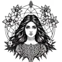 Celtic Goddess, Rhiannon. surrounded by gates and daffodils tattoo design idea