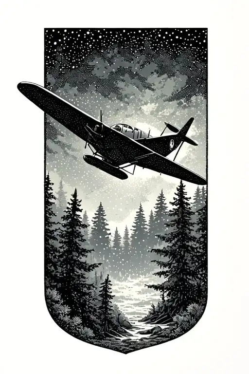 A vintage airplane soaring through a forest scene tattoo design idea