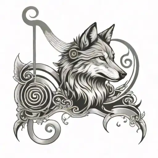 Wolf with treble and bass clef together tattoo design idea