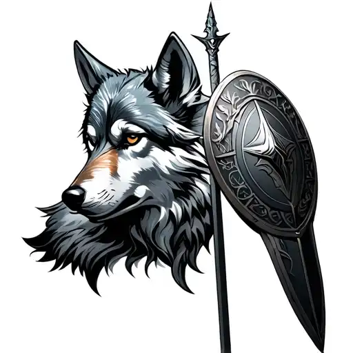 warrior with shield and wolf tattoo design idea