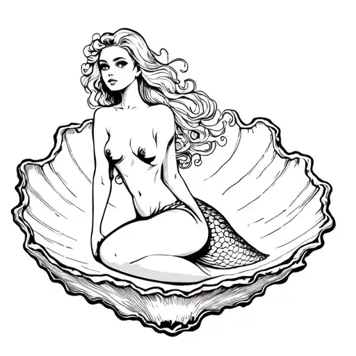 pinup-style mermaid sitting in an open oyster shell tattoo design idea