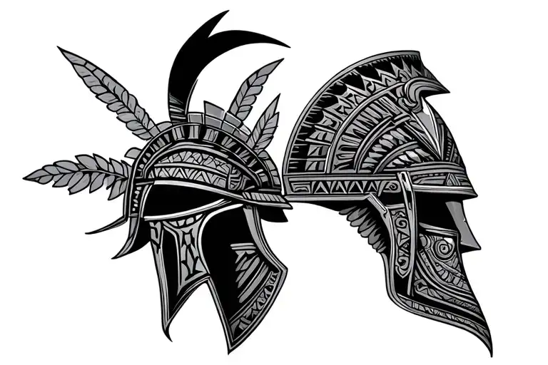 Trojan helmet with Mayan symbol incorporated tattoo design idea