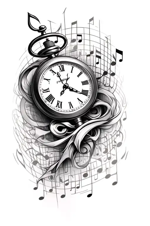 A unique tattoo featuring a timepiece morphing into a stock market chart, with musical notes forming the background, symbolizing the interconnectedness of time, money, and music tattoo design idea