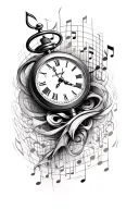 A unique tattoo featuring a timepiece morphing into a stock market chart, with musical notes forming the background, symbolizing the interconnectedness of time, money, and music tattoo design idea