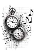 A unique tattoo featuring a timepiece morphing into a stock market chart, with musical notes forming the background, symbolizing the interconnectedness of time, money, and music tattoo design idea