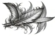 The feather of Shae from League of Legends, flying to the side, black and white, with various small effects next to it tattoo design idea