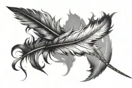 The feather of Shae from League of Legends, flying to the side, black and white, with various small effects next to it tattoo design idea