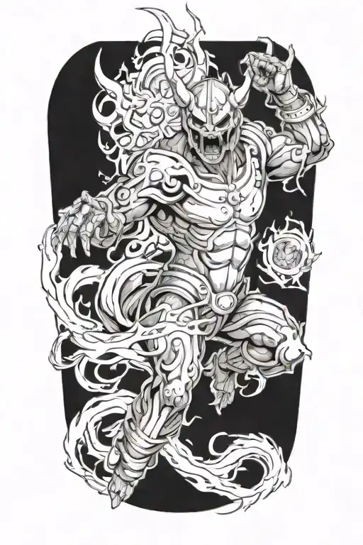 anime character full body wearing a oni mask fighting off inner demons with minimal black areas tattoo design idea