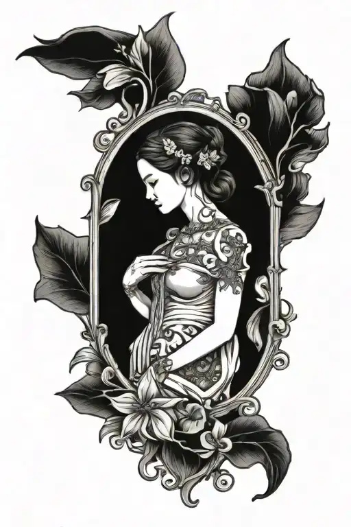 honeysuckle woman in vitorian mirror frame tattoo design idea