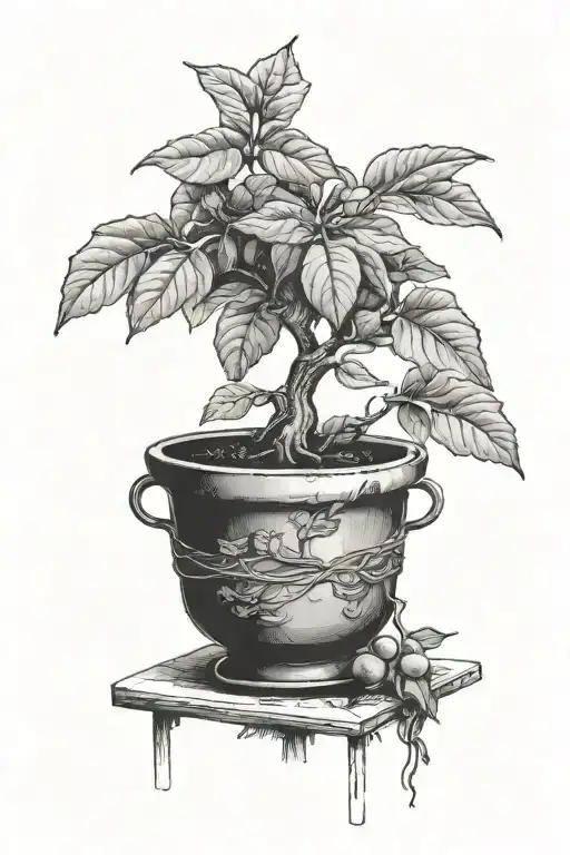 medium sized fig tree in a pot with metal bands tattoo design idea
