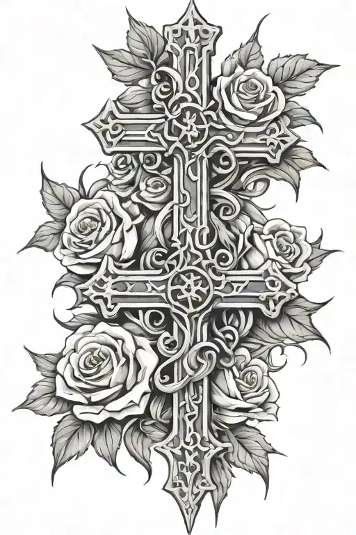 cross with thorns and roses going through it tattoo design idea