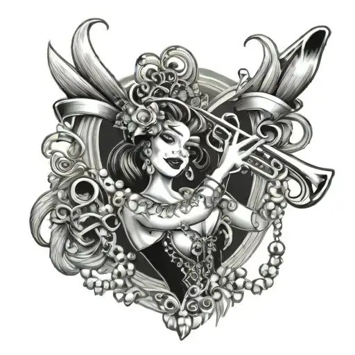 mardi gras, louisiana, fleur de lis, beads, women dancing, trumpets and music tattoo design idea