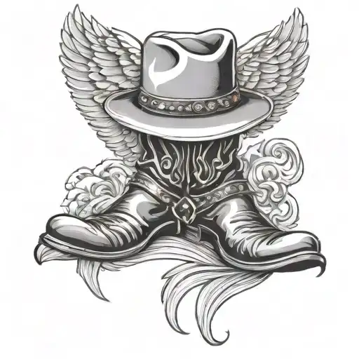 black cowboy hat boots angel wings tattoo design idea