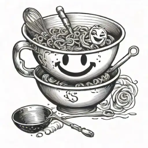 A humorous tattoo of a mixing bowl and whisk morphing into a smiley face, symbolizing the joy of both cooking and making people laugh tattoo design idea