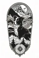 border collie face compass in mountain scene tattoo design idea