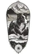 border collie face compass in mountain scene tattoo design idea