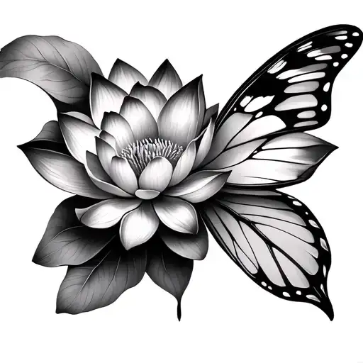 Create a tattoo for half a realistic butterfly with lotus flowers. tattoo design idea