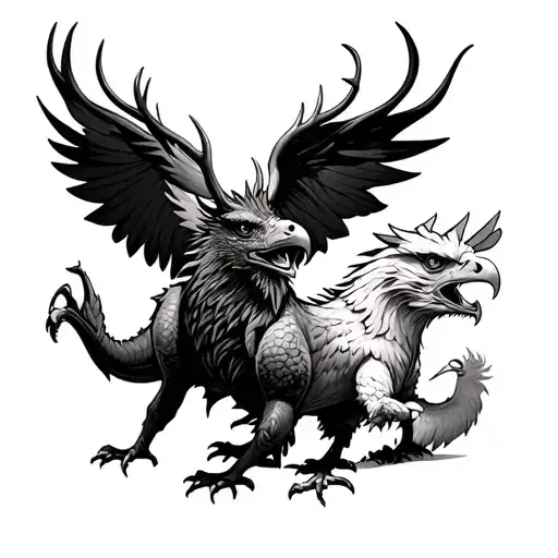 combination of animals welsh dragon Scottish stag black eagle and white eagle. front facing animal  tattoo design idea