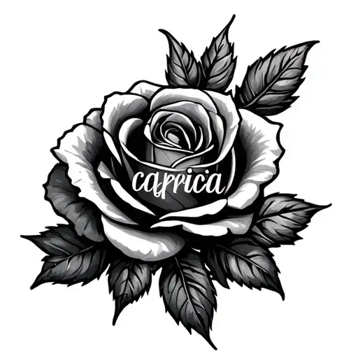 Single Line rose  with the name capricia in cursive in the middle of the stem  tattoo design idea