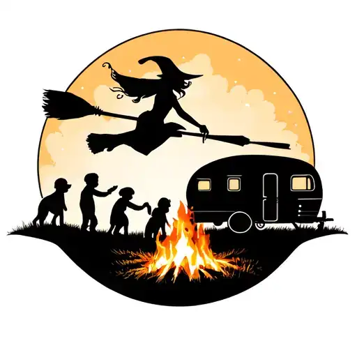 silhouette of sexy witch flying on broomstick over a campsite with a trailer and campfire with 3 boy children & 2 dogs  tattoo design idea