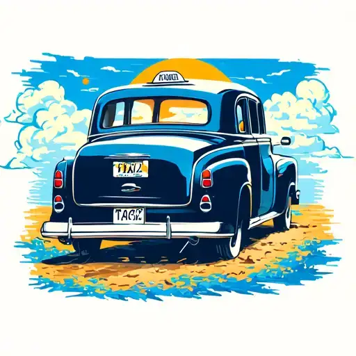 an old taxi where its back is seen, towards the horizon full of clouds and sun as the sky did tattoo design idea