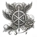 Create a tattoo that fuses addiction recovery symbols with mystical art spells in black-grey style tattoo design idea