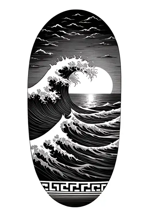 gentle wave half sleeve , sun setting sun by the sea with Greek band at base  tattoo design idea