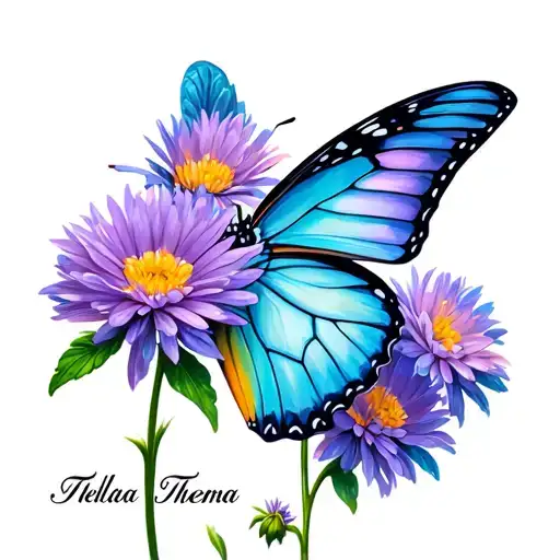butterfly with aster flower and name thelma tattoo design idea