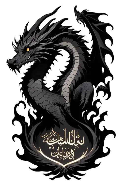 dragon of the darkness flames with Quran quote incorporated tattoo design idea