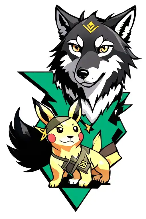 a combination of a wolf and Pokémon and zelda tattoo design idea