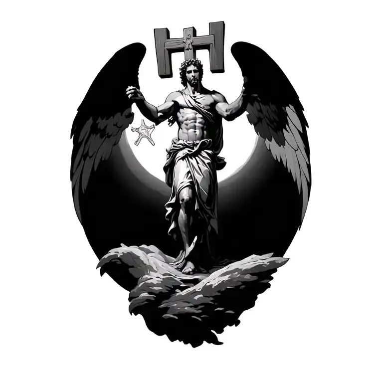 The creation of the Archangel Michael who defeated Satan stands on it and holds a wooden cross in his hands, which he ho tattoo design idea