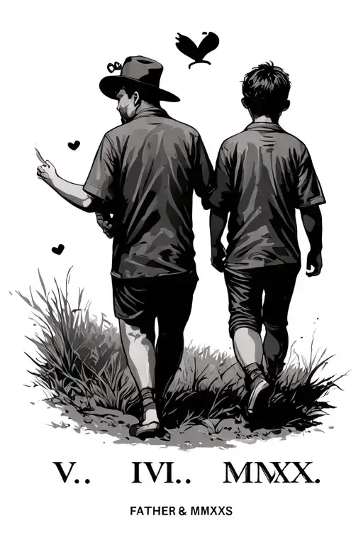 "V. VIII. MMXX. " father and son walking tattoo design idea