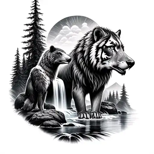 forest, water waterfall, eagle, bear, tiger, wolf, lion, nature, spiritual tattoo design idea