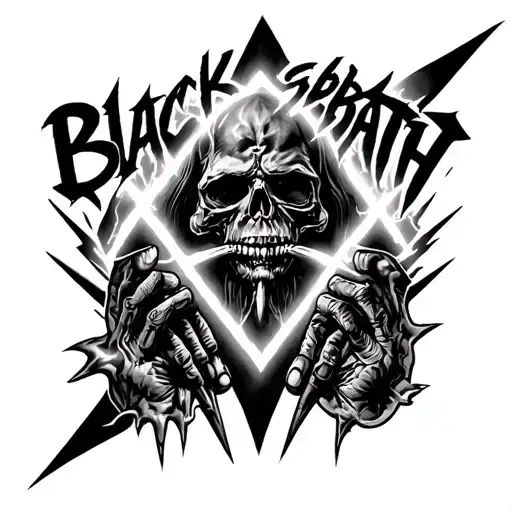 detailed Black Sabbath black, white and grey tattoo including the Black Sabbath symbol, realistic lightening bolts, fa tattoo design idea