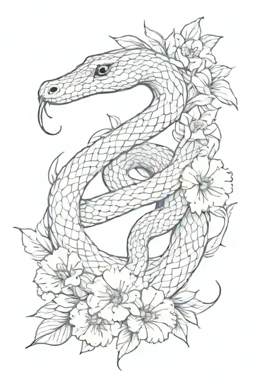 snake and flowers tattoo design idea