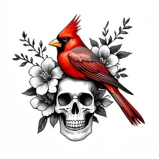 red cardinal with a skull and flowers wrapping tattoo design idea