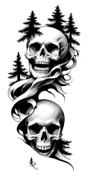 An intricate skull design intertwined with pine trees. tattoo design idea
